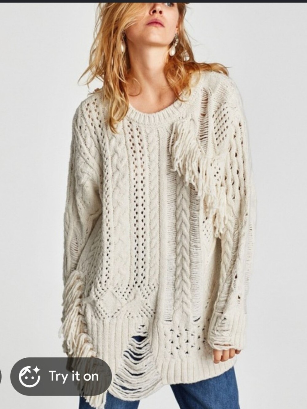 Zara Off-White Cable Knit Fringe Poncho Sweater S Fringe